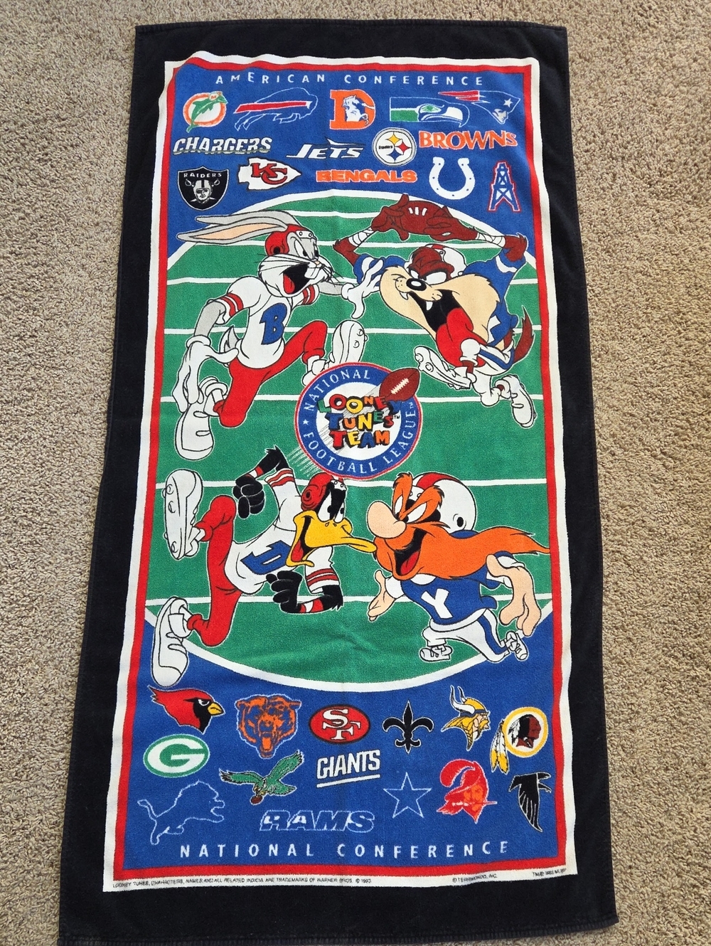 Vintage 1993 Warner Bros. Looney Tunes NFL Beach Towel